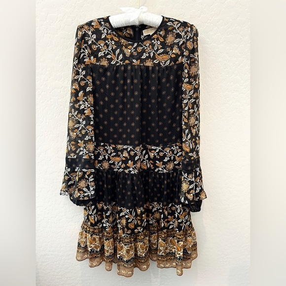 MICHAEL KORS | Bohemian Black & Gold Metallic Floral Long Sleeve Dress | Small - Picture 2 of 8